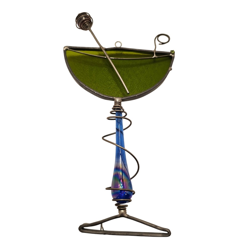 Vintage Stained Glass Martini Suncatcher Green Blue Iridescent Cocktail Decor 8"